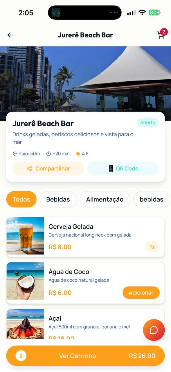 Tela do app BeachPay - Cardápio digital de praia