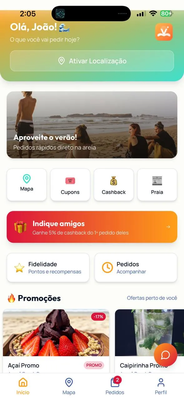 Tela do app BeachPay - Home com cardápio de praia