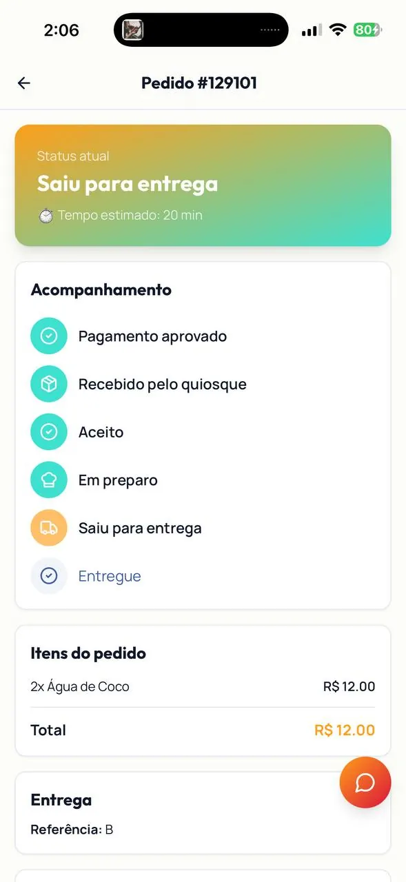 Tela do app BeachPay - Acompanhamento de pedido em tempo real