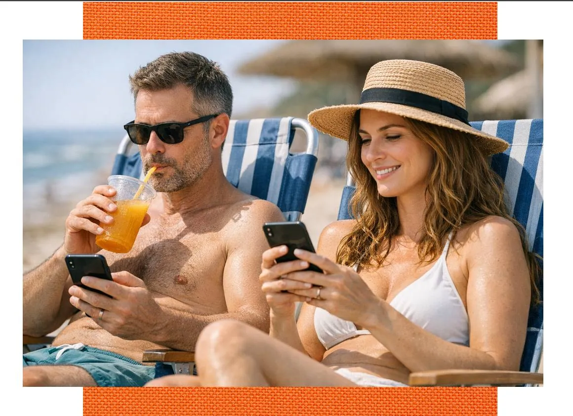 Casal relaxando na praia tropical com app BeachPay